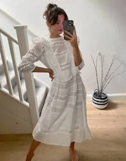 Object Midi Dress With Lace Inserts In White