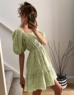 & Other Stories Ditsy Floral Print Mini Swing Dress In Green