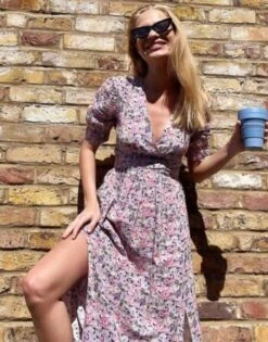 & Other Stories Floral Print Tie Waist Maxi Dress With Splits In Multi/pink