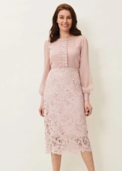 Phase Eight Aldora Chiffon Lace Dress, Light Pink/Blush