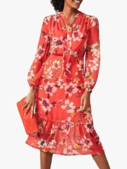 Phase Eight Bernadette Floral Print Midi Dress, Sunset Red/Multi