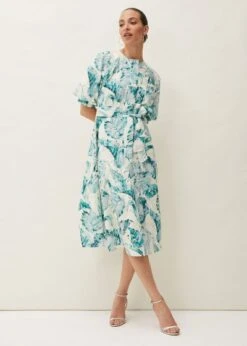 Phase Eight Palms Print Dress, Aqua Blue/Ivory
