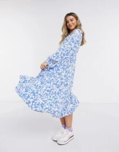 Pieces Tiered Maxi Dress In Blue And White Floral