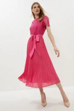 Coast Belted Lace Bodice Pleat Skirt Midi Dress, Pink