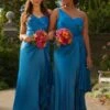 Chi Chi One Shoulder Satin Finish Maxi Bridesmaid Dress In Blue