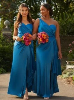 Chi Chi One Shoulder Satin Finish Maxi Bridesmaid Dress In Blue