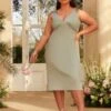 Chi Chi Plus Size V Neck Tie Shoulder Midi Bridesmaid Dress In Sage Green