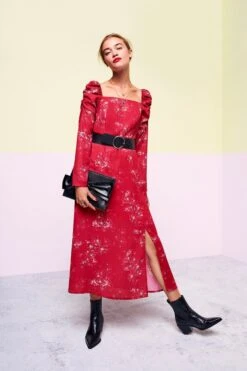 Coast Square Neck Long Sleeve Midi Dress, Red/Multi