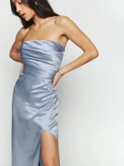 Reformation Barrow Strapless Silk Maxi Dress, Mineral Blue -EleganceWear Store reformation barrow strapless silk maxi dress mineral blue1 copy