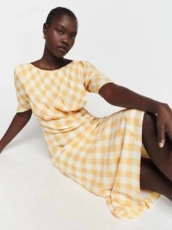 Reformation Ozzy Sleeve Midi Gingham Dress, Bodie/Yellow/White -EleganceWear Store reformation ozzy sleeve midi dress bodie yellow white1 copy