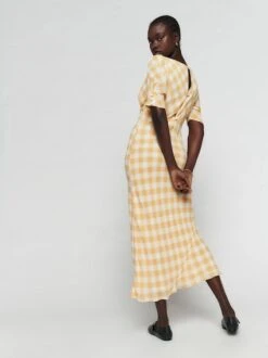 Reformation Ozzy Sleeve Midi Gingham Dress, Bodie/Yellow/White -EleganceWear Store reformation ozzy sleeve midi dress bodie yellow white2 copy