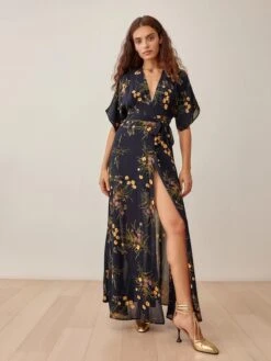 Reformation Winslow Floral Wrap Style Maxi Dress, Mademoiselle/Black