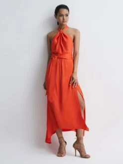 Reiss Adeline Fitted Halter Neck Midi Dress, Orange