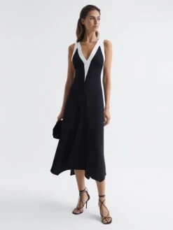 Reiss Autumn Colourblock V-Neck Midi Dress, Black/White