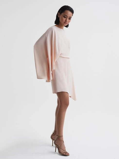 Reiss Christy Cape Sleeve Asymmetric Mini Dress, Nude 1 Reiss Christy Cape Sleeve Asymmetric Mini Dress, Nude