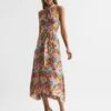 Reiss Electra Floral Printed Halter Neck Midi Dress, Pink/Neutral/Multi