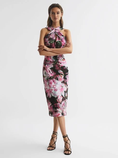 Reiss Ella Floral Print Halter Midi Dress, Pink/Black/Multi 1 Reiss Ella Floral Print Halter Midi Dress, Pink/Black/Multi