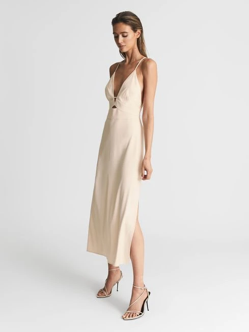 Reiss Ellis Plunge Bodycon Midi Dress, Nude -EleganceWear Store reiss ellis plunge bodycon midi dress nude