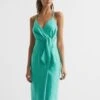 Reiss Esme Linen Side Tie Midi Dress, Aqua/Green