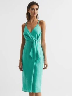 Reiss Esme Linen Side Tie Midi Dress, Aqua/Green