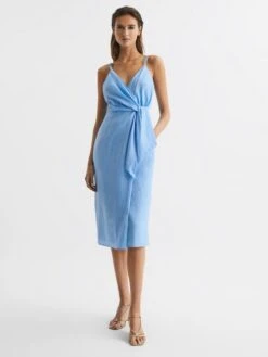 Reiss Esme Linen Side Tie Midi Dress, Blue
