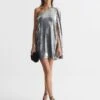Reiss Eva Sequin Cape One Shoulder Mini Dress, Silver