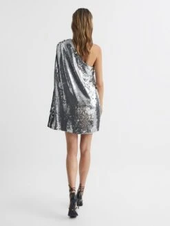 Reiss Eva Sequin Cape One Shoulder Mini Dress, Silver -EleganceWear Store reiss eva sequin cape one shoulder mini dress silver2