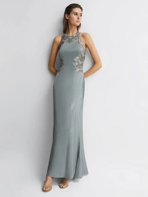 Reiss Fern Fitted Lace Halter Neck Maxi Dress, Silver 1 Reiss Fern Fitted Lace Halter Neck Maxi Dress, Silver