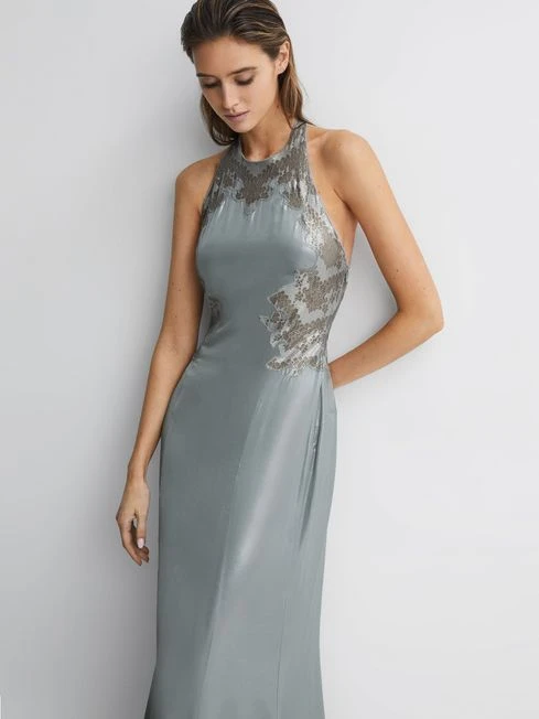 Reiss Fern Fitted Lace Halter Neck Maxi Dress, Silver 3 Reiss Fern Fitted Lace Halter Neck Maxi Dress, Silver - Image 3