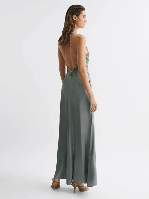 Reiss Fern Fitted Lace Halter Neck Maxi Dress, Silver 4 Reiss Fern Fitted Lace Halter Neck Maxi Dress, Silver - Image 4