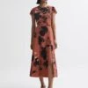 Reiss Floella Floral Printed Midi Dress, Orange Blush/Black