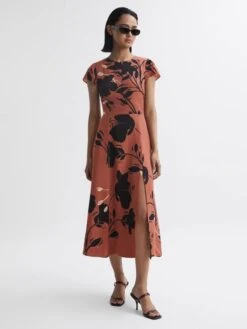 Reiss Floella Floral Printed Midi Dress, Orange Blush/Black
