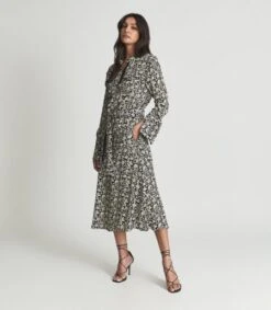 Reiss Micah Floral Printed Midi Dress, Black/Cream
