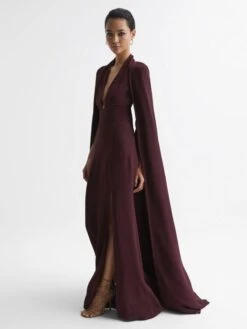 Reiss Grace Maxi Dress With Cape, Burgundy/Berry