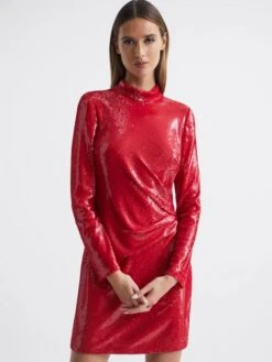Reiss Halston Emely Sequin Mini Dress, Red -EleganceWear Store reiss halston emely sequin mini dress red1