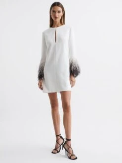 Reiss Halston Kendall Tailored Feather Sleeve Mini Dress, White/Black