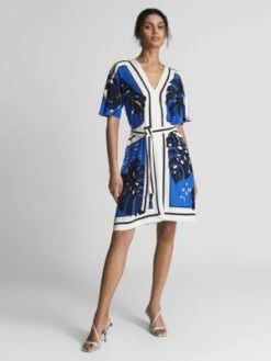 Reiss Hannah Palm Print Mini Dress, Blue/Black/White