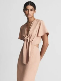 Reiss IONA Tie Waist Bodycon Midi Dress, Light Pink/Blush