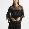 Reiss Josephine Fringe Sequin Sheer Mini Dress, Black