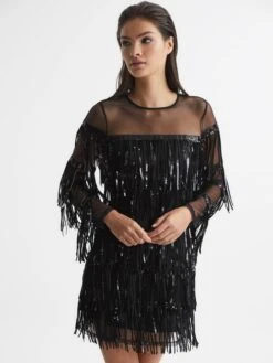 Reiss Josephine Fringe Sequin Sheer Mini Dress, Black