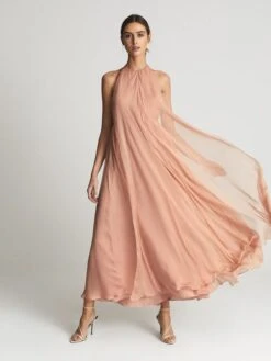 Reiss JUDE Halter Neck Silk Maxi Dress, Nude