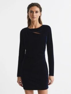 Reiss Katie Cut Out Velvet Mini Dress, Navy Blue