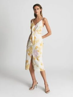 Reiss Kay Print Tie Front Printed Dress, Yellow/White