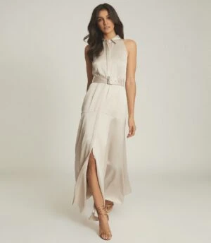 Reiss Keira Open Back Belted Maxi Dress, Champagne 1 Reiss Keira Open Back Belted Maxi Dress, Champagne
