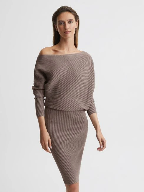 Reiss Lara Off The Shoulder Knitted Shift Dress, Mink 1 Reiss Lara Off The Shoulder Knitted Shift Dress, Mink