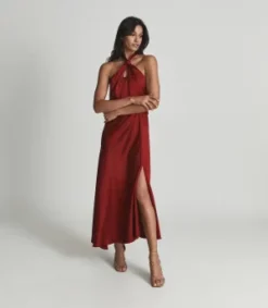 Reiss Lorena Halterneck Satin Midi Dress, Dark Red