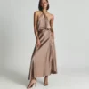 Reiss Lorena Halterneck Satin Midi Dress, Mink/gold