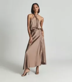 Reiss Lorena Halterneck Satin Midi Dress, Mink/gold