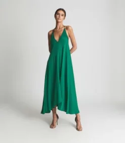 Reiss Mabel Plunge Neck Maxi Dress, Green