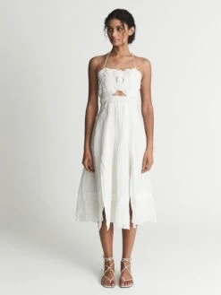 Reiss NELLIE Embroidered Front Halterneck Midi Dress, White